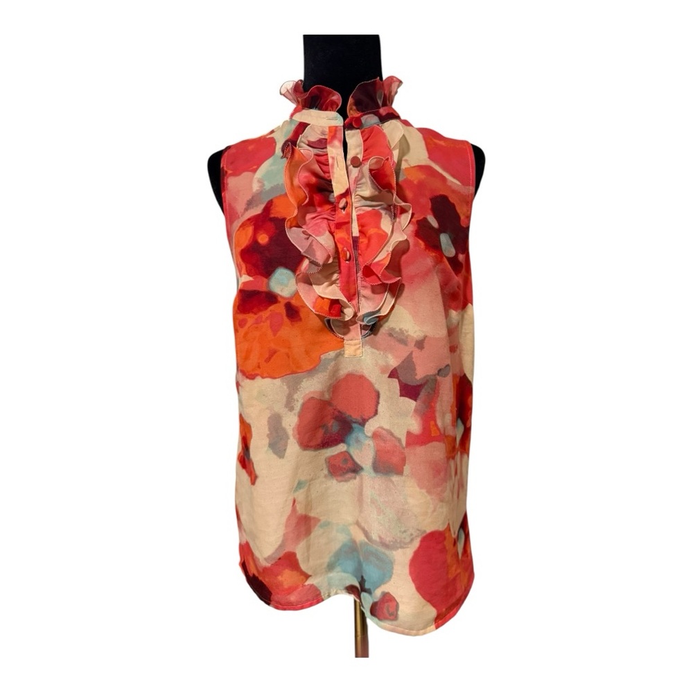 LOFT Blouse Sz S Red Orange Floral Ruffled High Collar Button Sleeveless Lined